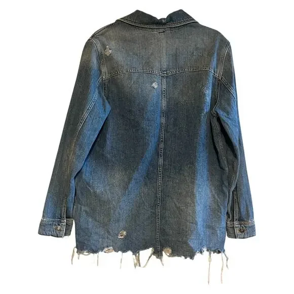 Free People FP Moonchild Distressed Denim Shirt Jacket Blue Size Small - Picture 3 of 9